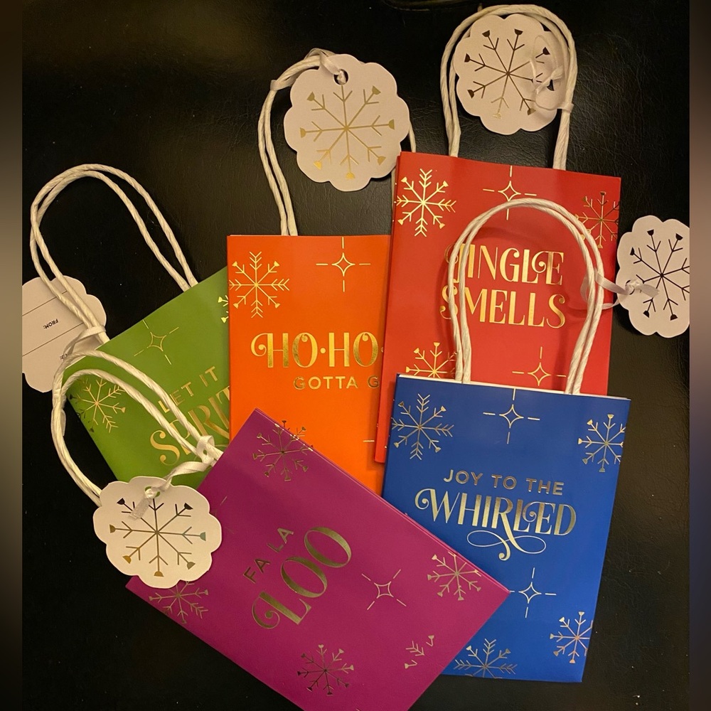 Gift Bags Holiday Themed 6 x 4.5 spicy titles lot of 5 bags & tags odd colors